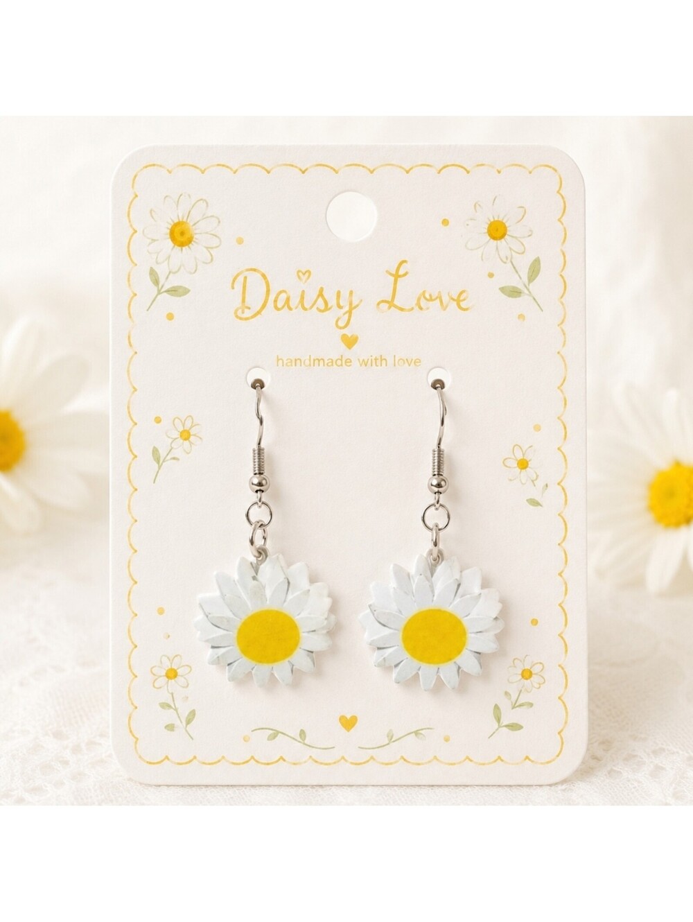 Whimsical Dainty Daisy Flower Hope & Joy Wood silver Hypoallergenic Earrings